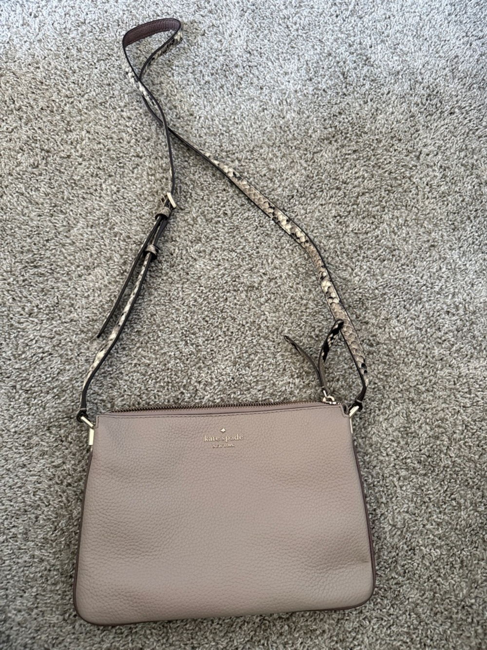 kate spade Taupe Pebbled Leather Crossbody with Snake-Print Strap